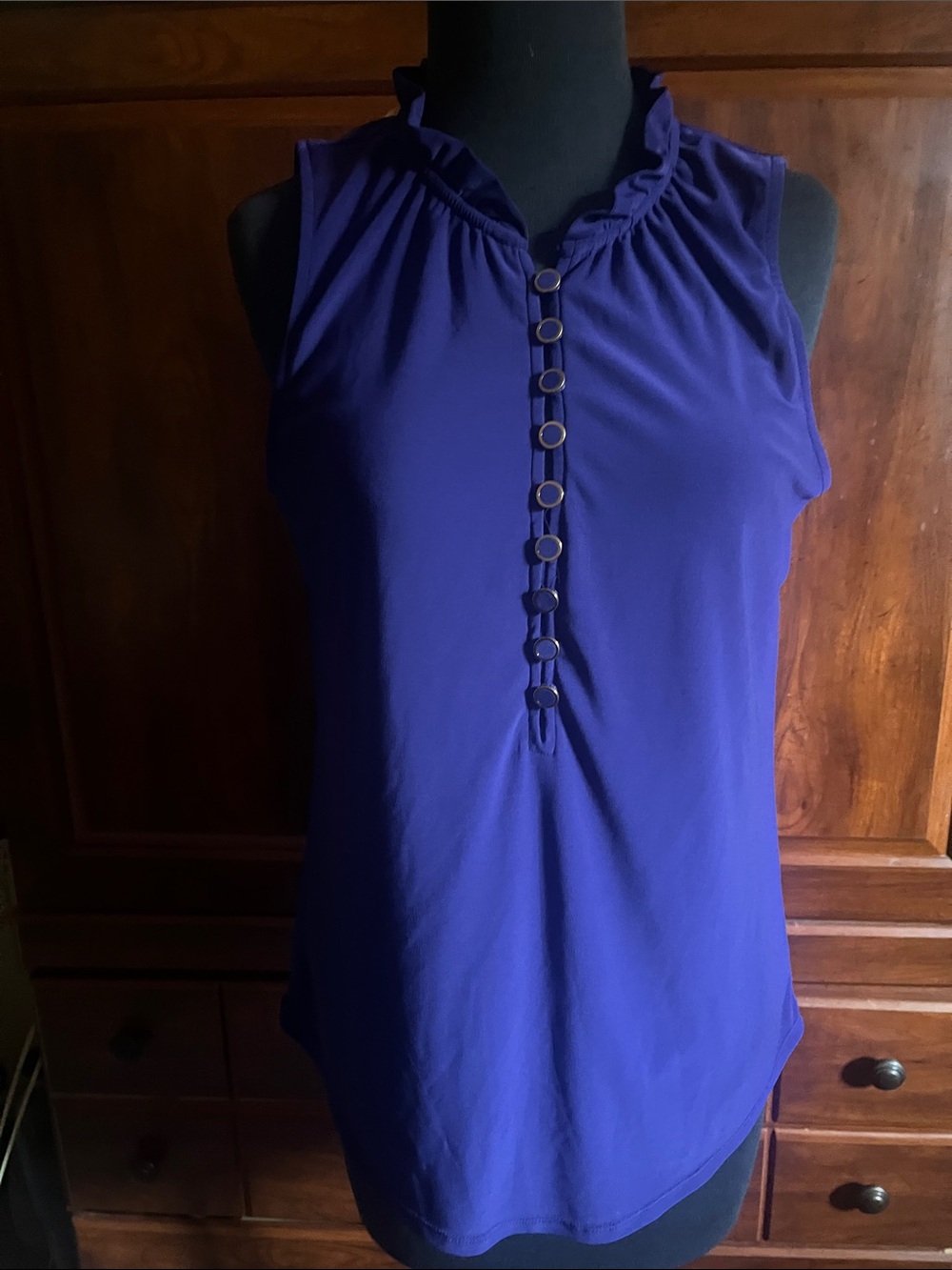 White House Black Market Sleeveless Ruffle Neck Tank in Deep Purple